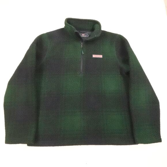 Vineyard Vines Pullover Mens Medium Blackwatch Plaid Sherpa Fleece Half Zip - Picture 1 of 16